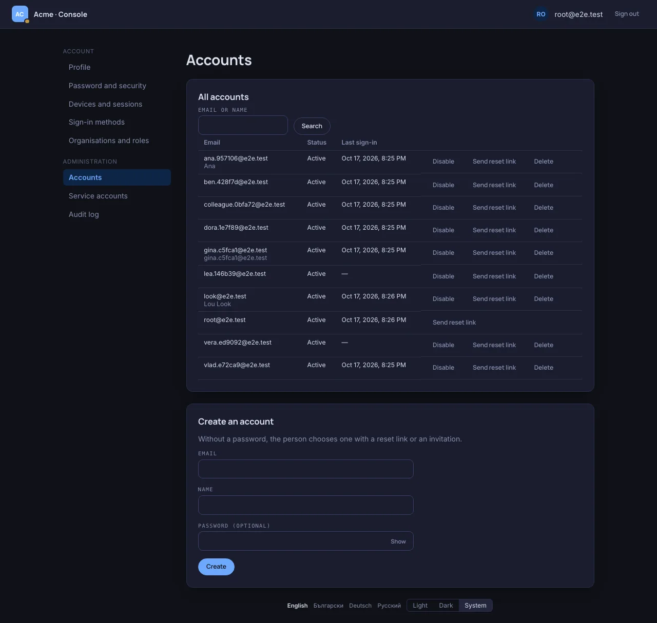 Account administration in the dark theme